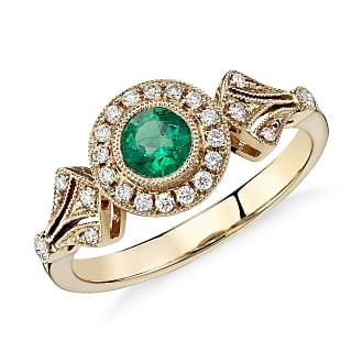 Blue Nile Emerald and Diamond Halo Vintage-Inspired Milgrain Ring in 14k Yellow Gold (4mm)