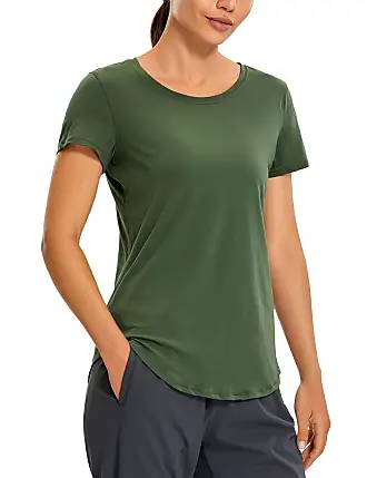  Womens Pima Cotton Short Sleeve Crop Tops High Neck Cropped Workout  Tops Yoga Athletic Shirts Casual T-Shirt Soft Seagrass Large