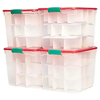 IRIS USA 2 Pack 60qt Plastic Clear Ornament Storage Box with Hinged Lid and  Dividers, Clear/Red