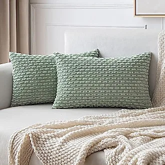 2 Packs Sage Green Decorative Throw Pillow Covers 20x20 Inch with Pom-poms  for Couch Bed Living Room, Farmhouse Boho Home Decor, Soft Corduroy Cute  Square Cushion Case 50x50 cm 