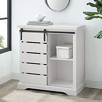 Walker Edison Modern Farmhouse Grooved Sliding Door Tall Storage Cabinet Brushed White