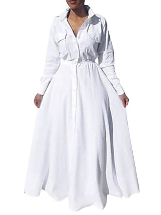 Vonda Women Maxi Shirt Dress Long Sleeve Button Smocked Waist Long Dress Loose Swing Party Dress with Pockets White XX-Large