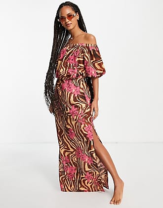 Asos off shoulder maxi beach dress in zebra tropical-Multi