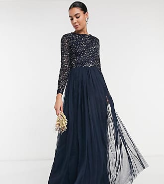 Maya Bridesmaid long sleeve maxi tulle dress with tonal delicate sequins in navy