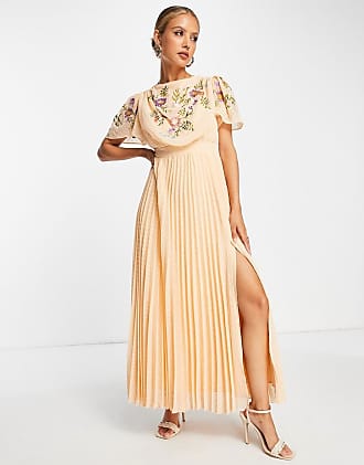 Asos pleated dobby cowl front embroidered maxi dress with belt in coral-Orange