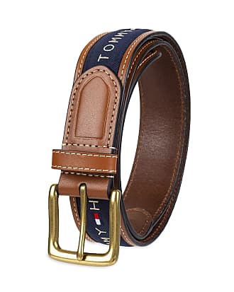 *NWT* Tommy Hilfiger Men's Leather Casual Belt with Fabric Tan/Khaki Inlay 