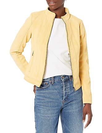 WUAI-Women Trendy Faux Leather Moto Biker Jacket Classic Side Zipper PU Coats Outwear Plus Size（Yellow,XXX-Large 