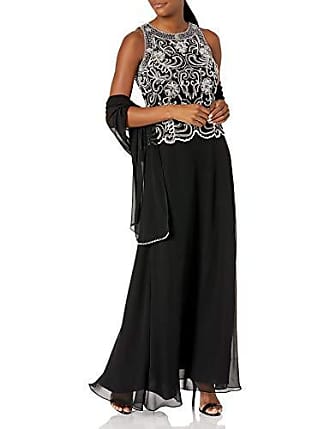 J Kara Womens Sleeveless Scallop Long Beaded Dress W/Scarf, Black/White, 6