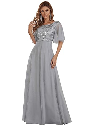 Ever-pretty Womens Short Sleeve Sequin Tulle Long Dress Wedding Guest Dress Grey US8