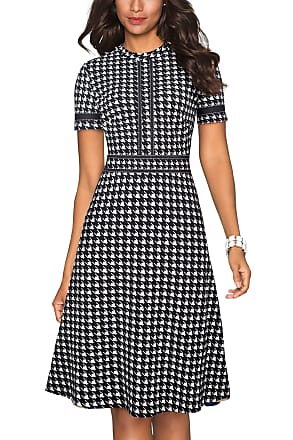 Homeyee Womens Vintage Crew Neck 3/4 Sleeve Patchwork Cocktail Aline Dress A135 (XL, White Houndstooth-S)