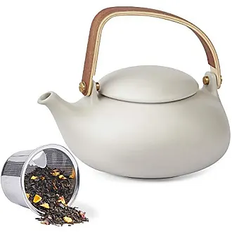 Teapot with Infuser,Matte Ceramic Japanese Tea Pot for Loose Leaf Tea, 27 Ounces Porcelain Teapots White for Women Gift with Modern Bentwood Handle or