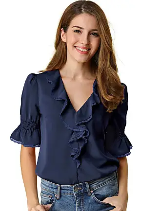 Womens Tops Solid Ruffle Trim Blouse (Color : Dusty Blue, Size : Small) at   Women's Clothing store