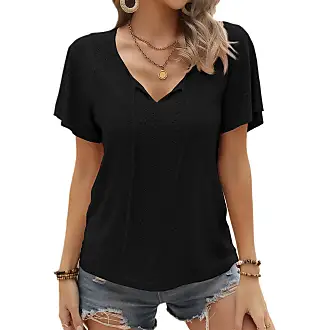 Blusa feminina manga com babados gola em V cor pura blusa casual camisa top  feminina camisa de ilhós gola V camisa de manga curta, Amarelo, P