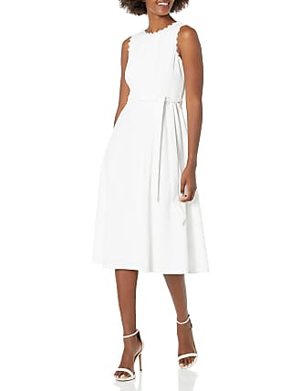 Calvin Klein Womens Sleeveless Midi Dress with Floral Trim, White, 12