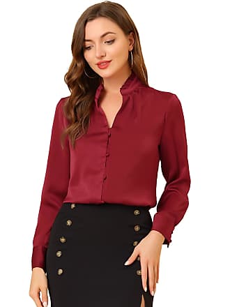 Allegra K Women's Button Down Blouse Solid Color Long Sleeve Velvet Work  Shirt Wine Red X-Large