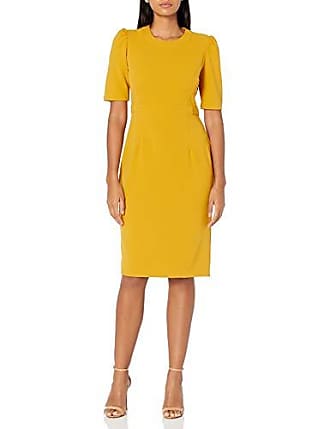 Donna Morgan Womens Stretch Crepe Jewel Neck Short Sleeve Sheath, Marigold, 0