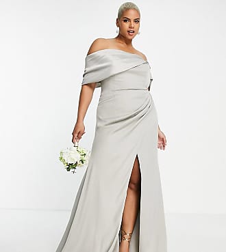 Asos Curve satin bardot drape wrap maxi dress in sage green