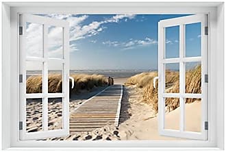 Wallario Acrylglasbild Fenster-Illusion 60 x 90 cm mit Fensterrahmen Sandstrand 