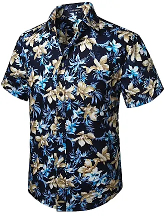 Hisdern Uomo Funky Hawaiana Floral Camicie Manica Corta Tasca Frontale Holiday Summer Aloha Printed Beach Casual Hawaii Shirt Navy Blue 3XL