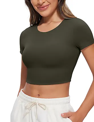  Womens Butterluxe Double Lined Short Sleeve Crop Tops Crew  Neck Casual Workout T-Shirt Cute Basic Tee Borealis Green X-Small