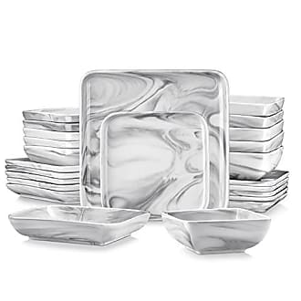 MALACASA Square Dinnerware Sets, 32-Piece Porcelain Plates and Bowls Sets  for 6, Marble Grey Dish Set with Dinner Plate Set, Dishes, Cup and Saucer