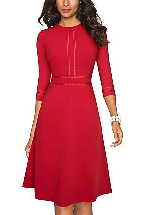 Homeyee Womens Vintage Crew Neck 3/4 Sleeve Patchwork Cocktail Aline Dress A135 (XL, Red)