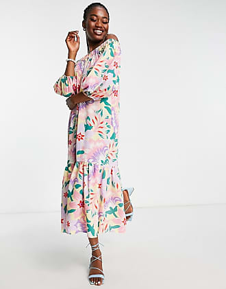 Asos off shoulder trapeze maxi dress with pephem in floral print-Multi