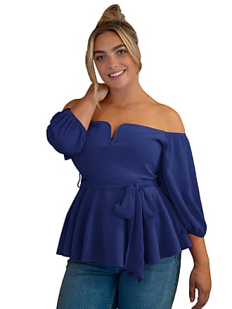 Floerns Womens Plus Size Off The Shoulder Belted Peplum Blouse Top Blue 0XL