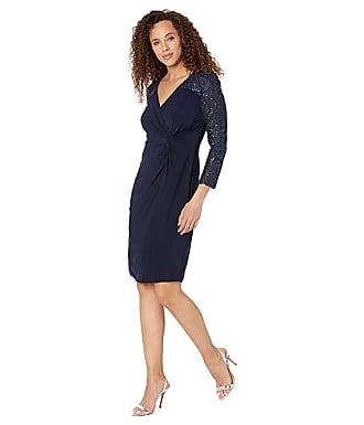 Alex Evenings Short Surplice Neckline Sheath Dress w/ Embroidered Illusion Sleeve