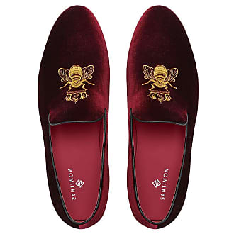 Santimon Loafers Mens Velvet Slip on Vintage Formal Wedding Shoes with Gold Embroidery Smoking Slipper Flats Black Red 12 UK