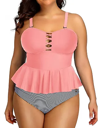 Retro Style Peplum Tankini High Waisted Tummy Control Bottom Plus