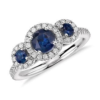 Blue Nile Isola Sapphire and Diamond Halo Three Stone Ring in 14k White Gold (5mm)