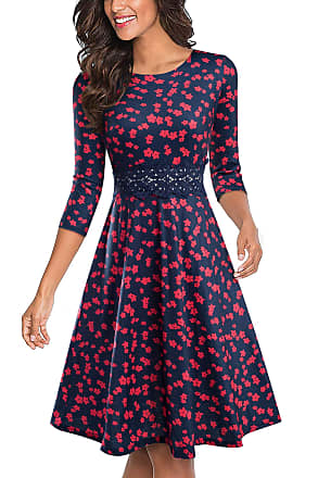 Homeyee Womens Vintage 50s Sleeveless Floral Embroidered Cocktail Swing Dress A079 (XXL, Dark Blue + Floral-3/4 Sleeve)