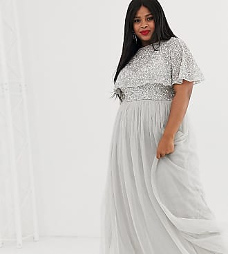 Maya delicate embellished cape maxi dress in silver-Grey