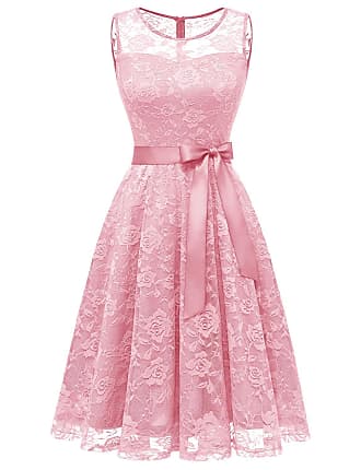 Dressystar 0009 Floral Lace Dress Short Bridesmaid Dresses with Sheer Neckline Pink XXXL