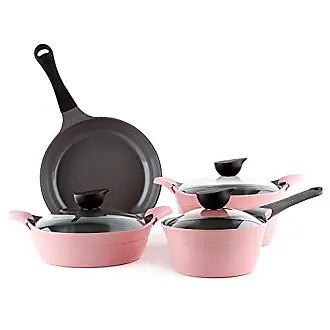  Paris Hilton Iconic Nonstick Pots and Pans Set, Matching Lids  With Gold Handles, Made without PFOA, Dishwasher Safe Cookware Set,  10-Piece, Pink & Kitchen Set Tool Crock, 7-Piece, Pink and Gold