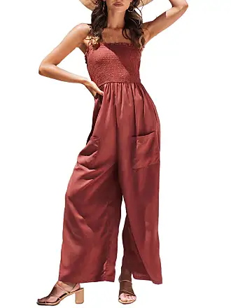 CUPSHE Summer Women Slip Ruching Smocked Jumpsuit Pants Square Neck  Speghetti Straps Loose Waisted Maxi