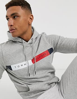 tommy hilfiger icon stripe logo print hoodie in grey marl