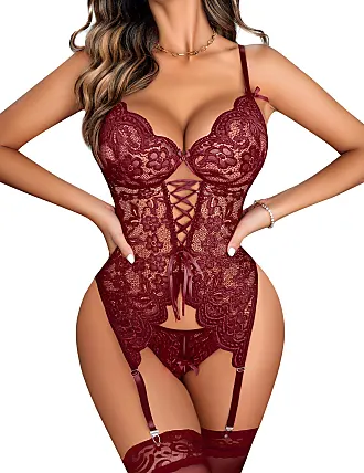 Avidlove Womens Lingerie Faux Leather Lingerie Lace Teddy Bodysuit Sexy  Corset With Garter Belt