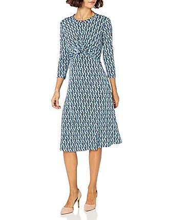 Donna Morgan Womens Petite 3/4 Sleeve Knot Fron Stretch Knit Jersey Midi Dress, Black/Cobalt Multi, 0 Petite