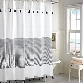 Peri Home Panama Stripe Boho Farmhouse Tassel Shower Curtain 100% Cotton Fabric Shower Curtain with Tassels for Bathroom Decor, 72 x 72 inches, Navy