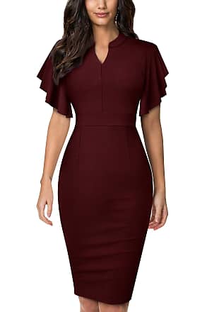 Homeyee Womens Elegant Solid Color Ruffle Sleeve Stretch Business Party Dress B572 (S, Dark Red)