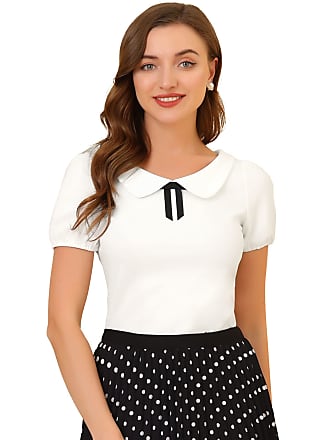 Peter Pan Collar Puff Mesh Short Sleeve Polka Dot Blouse, Allegra K