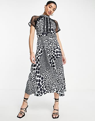 Liquorish a-line midi dress in lace black animal print