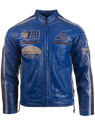 Giacca Moto in Pelle Blu da Uomo