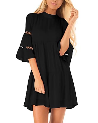 Zanzea Women Tunic Dress 3/4 Ruffle Bell Sleeve Cocktail A-line Party Casual Mini Dress Loose Flowy Swing Shift Dress Black 2XL