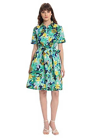 Donna Morgan Womens Floral Printed Collar Neck Dress with Front Placket and Short Sleeves, Navy/Mint Green, 10