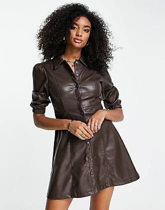 NA-KD faux leather puff sleeve mini dress in dark brown