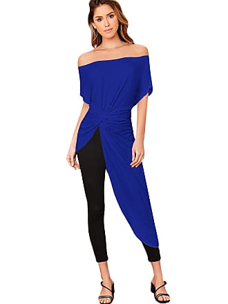 Shein Womens Elegant Asymmetrical Twist Front Off Shoulder Top Plain High Low Blouse Royal Blue XX-Large