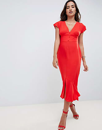 Asos button through pephem midi tea dress with bow back - Red